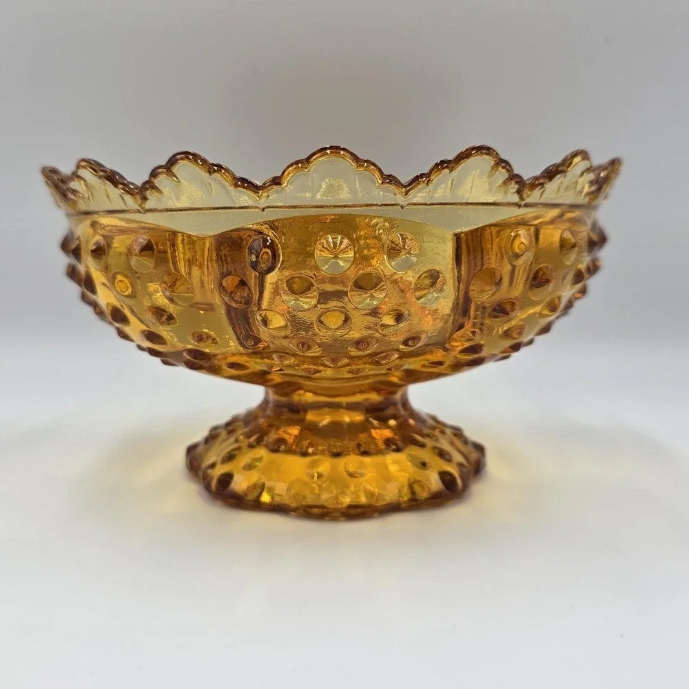 VTG Fenton Amber Hobnail Footed Glass Candle Holder Bowl Pat 3547569 MCM